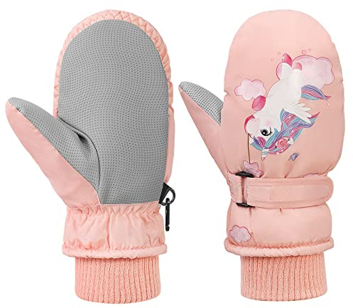 MoKo Kinder Skihandschuhe, Winter Fäustlinge Handschuhe Winddicht Wasserdicht Sport Handschuhe für Skifahren Radfahren Snowboarden Outdoor-Aktivitäten für Jungen Mädchen von 2-4 Jahren, Rosa/Einhorn