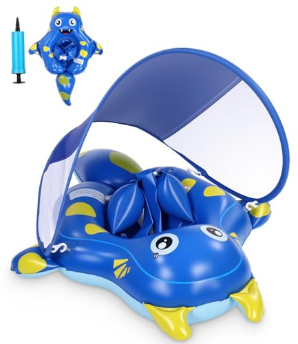 Zhufas Schwimmring Baby, Schwimmhilfe Baby mit abnehmbares Sonnendach UPF50+ & Sicherheitssitz Schwimmring Kleinkind,Schwimmsitz Babys, Lustiges Wasserspielzeug,Babys Float für 3–36 Monaten(blau)