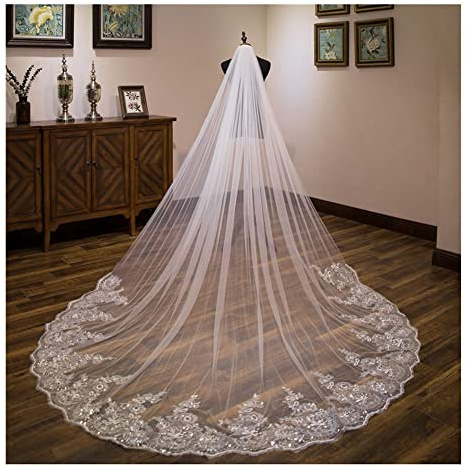 SHTGOI 3M Lange Hochzeitsschleier Kirche Hochzeit Brautschleier Tüll Kante Appliques Schleier mit Kamm Spitzen -Pailletten Softtüll für Braut Fotostudio Hochzeitskleid Zubehör Reines Weiß
