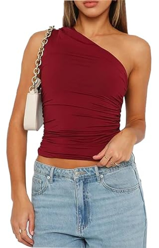 ROFUSSO Damen Sommer Tank Top Sexy Asymmetric Ärmellos Oberteil Y2K Slim Enge Shirts Eine Schulter Crop Tops Trendiges Basic Solid Cami Top
