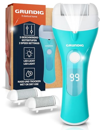 Grundig Hornhautentferner elektrisch Pro - schnell Hornhaut entfernen ohne Bücken - Premium Akku Hornhaut Entferner nass + trocken mit Arbeitslicht, 3 Fuß Rollen, wiederaufladbar (Gerät)