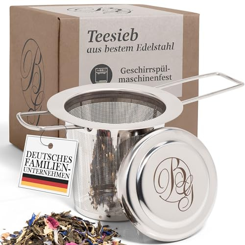 Boomers Gourmet Premium Teesieb für losen Tee - Edelstahl 304 Teefilter, Teeei mit Deckel & Tropfschale - Teesieb für Tasse, Teekanne, Thermoskanne - Tea Strainer, Edelstahl Teesieb fein - 1 Stück