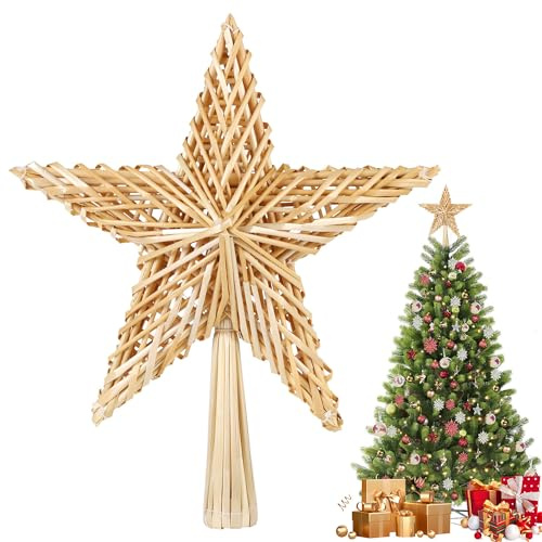 SALCAR Strohsterne 25CM Christbaumspitze Stern aus Stroh, handgemachter natürlicher Schmuck für Christbäume