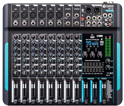 Audio Mixer Professioneller,10 Kanal Stereo Sound Mischpult mit 99 DSP-Reverb/7-Band-Gleichgewicht/USB-Anschluss,Eingang 48 V Phantomspeisung,Ein Klick stumm,für Aufnahme DJ Bühne Musik Anwendung