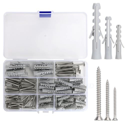 140 Stück Dübel für Wand und Schraube, Set gemischte Schrauben mit 70 Stück Dübel und 70 Stück Schrauben aus nautischem Edelstahl, Grau, M3/M4/M5/M6/M8