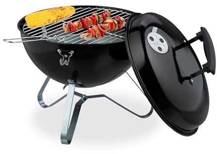 Relaxdays Kugelgrill, tragbar, Ø 37 cm, Picknickgrill für Garten & Park, Holzkohlegrill mit Deckel, Rundgrill, schwarz