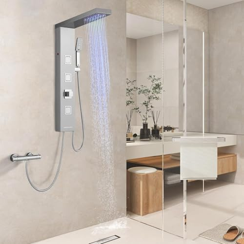OUGOO LED Duschpaneel ohne Armatur, 4-Funktion Duschsäule mit Regendusche, 3 Quadrat-Massagedüsen, Handbrause und Wanneneinlauf, 304 Edelstahl Wandmontage Kompaktes Dusche Panel, Gebürstet