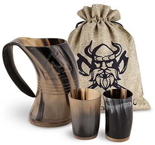 VIKING CRAFT Trinkhorn Wikinger Krug 600 ml mit 2 Hornbechern für Metgenuss | Naturhorn-Set mit Beutel, handgefertigt und innen versiegelt, für Honigwein, Mittelalter, LARP & authentische Wikinger Deko