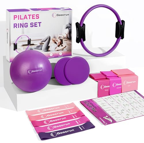 Goocrun Pilates Ring Set Trainingsgeräte Tragbar Home Gym. mit Übungsbändern, Widerstandsbändern, Pilatesball, Gleitscheiben – Mit Übungsanleitungr