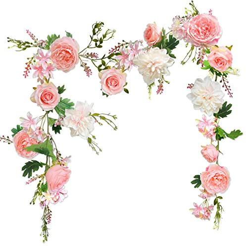 Pfingstrosen Girlande, Blumengirlande, Kunstblumen Girlande, Tischstange Dekostange, Blumen Girlanden, Blumengirlande Künstlich für Tür, Hochzeit, Party, Wand, Heimdekoration (Rosa)