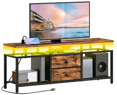 YATINEY TV-Schrank, für Fernseher bis zu 45'', TV Board mit Ladestation und LED-Lichtleiste, Fernsehtisch, Fernsehschrank mit Schubladen und Ablagen, für Wohnzimmer, Rustikalbraun XDS03CDBR