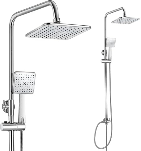 GOYOXOKY Duscharmatur Komplettset, Duschsystem ohne Armatur mit 8” Regendusche Duschkopf und 4” Handbrause, Verstellbare Duschsäule Edelstahl Duschset mit Messing Duschumsteller, Chrom