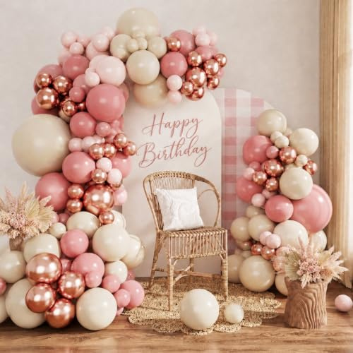 Luftballon Girlande Rosa, Ballon Girlande mit Luftballons Rosa, Zartorange, Sand Weiße und Rosegold, Luftballons Rose für Geburtstagsdeko, Hochzeitsdeko, Babyparty, Baby Shower, Verlobung Deko