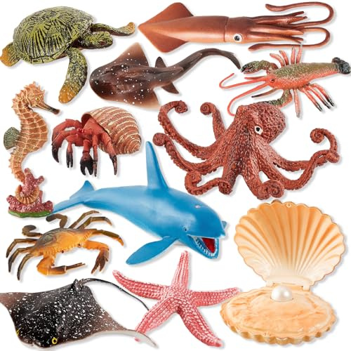 HYAKIDS 12 Stück Tierfiguren Meerestiere Figuren Spielzeug Set, Spielfiguren Ocean Tiere 7-14CM - Oktopus, Schildkröte, Delphin, Krabben, Geschenk Spielzeug ab 3 Jahre