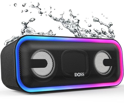 DOSS SoundBox Pro+ Bluetooth Lautsprecher, 24W Stereo Sound, Extra Bass, 15h Akku, IPX6 Wasserdicht, Bunten Lichtshow, Stereo Pairing, Musikbox Bluetooth für Handy, Draußen, Strand, Zuhause - Schwarz