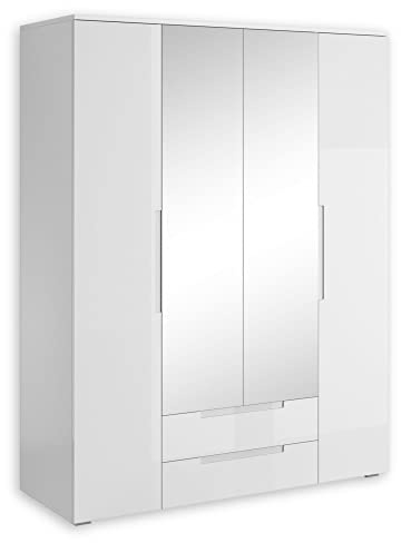 SPICE Kleiderschrank Schrank mit Spiegel und Drehtüren in Weiß Hochglanz | 160 x 208 x 57 cm (B/H/T), Schlafzimmerschrank mit viel Stauraum, moderne Spiegeltüren, hergestellt in EU