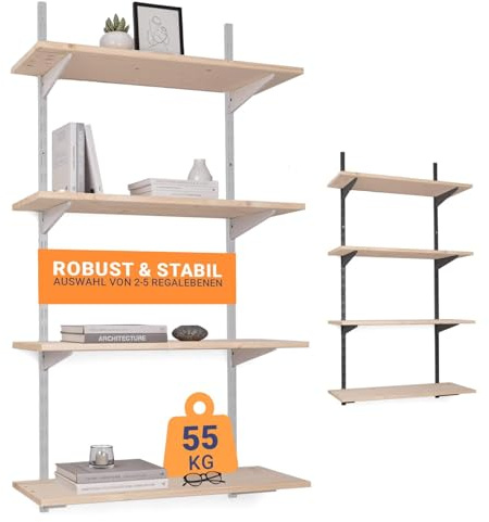 BOOMET Wandregal Metall mit Boden · Regal in 50 Varianten · Höhe: 100 cm · 2 Ebenen in 80 x 20 cm (B x T) · Farbe: weiß · Wandschienen Regalsystem · Regalträger Schienensystem