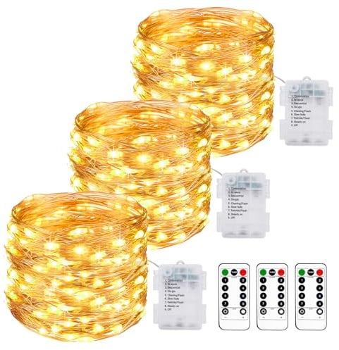 litogo 3 Stück 10M 100 LED Lichterkette Batterie mit Fernbedienung Timer | Lichterketten Draht, 8 Modi, IP65 Wasserdichte, Batteriebetrieben, für Weihnachten Innen Außen Aussen Deko, Warmweiß