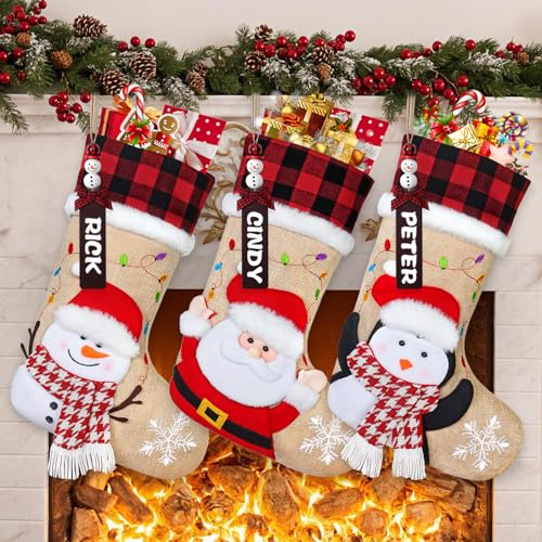 DEMIUKO 3 Nikolausstrumpf Personalisiert mit Namen Anhänger Nikolausstiefel | Jute Weihnachtsstrumpfe mit 3D Filz Applikation, Große Weihnachtssocken, Kamin Hängende Strumpfe, für Familien Weihnachtsdeko