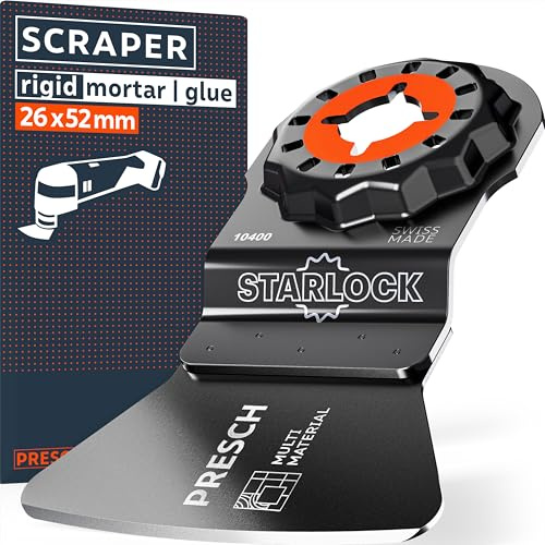 Presch Starlock Schaber Mörtel & Kleber 52mm - Starlock Multitool Zubehör für werkzeuglosen Wechsel - Extrem robuster Multitool Schaber dank Carbonstahl-Körper - Scharf für schnellen Materialabtrag