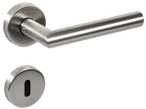 Gedotec Drückergarnitur Edelstahl matt gebürstet [BB - Buntbart] 1x Paar Tür Beschläge Rund-Rosette - Türgriffe Innentüren L-FORM - Türklinke für Türstärke 35–47 mm, Türdrückergarnitur mit Schrauben