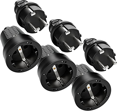 greate Schuko Stecker Kupplung 230V Aussenbereich 3er Pack - Gummistecker Kupplung Set mit Knickschutz, 2-polig, 230V, 16A & 3,7kW - IP44 für Außenbereich - Schukostecker schwarz