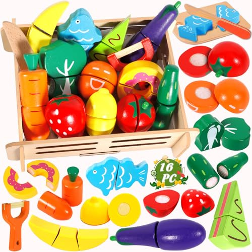 MULEVIP Kinderküche Zubehör Holz, Küchenspielzeug mit Obst, Gemüse, Messer und Schneidebrett, Rollenspiel für Kinder ab 3 Jahren