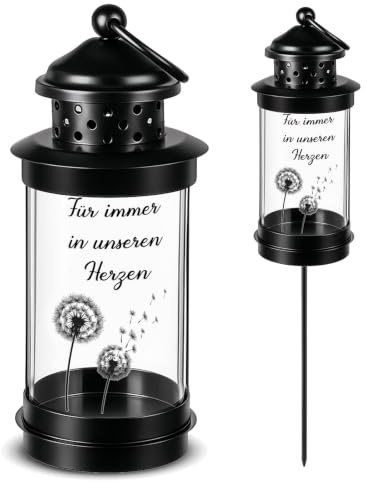 Nezyo Grablaterne mit Erdspieß Grablaterne Friedhof Wetterfest 41,2 cm | Grablampe, Laternen für Draußen, Laterne auf Stab, Grablicht mit 2 Aufkleber, Grabschmuck für Opa Oma Papa Mama, Schwarz