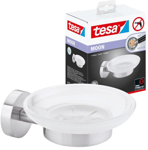 tesa Moon Seifenschale mit Wandhalterung - 110 mm x 52 mm x 130 mm | Seifenablage zur Wandbefestigung ohne Bohren - aus satiniertem Glas und verchromtem Metall - inkl. Klebelösung