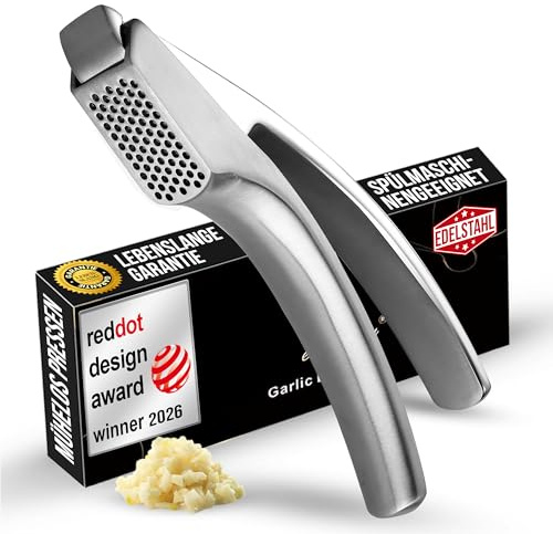 Knoblauchpresse Edelstahl für Knoblauch & Ingwer - kein Schälen nötig | Leicht zu reinigende Knoblauchpresse mit lebenslanger Garantie (für feines Knoblauchhack)