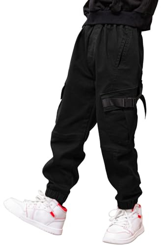 MEILONGER Jungen Cargohose Kinder Baumwolle Casual Hosen Elastische Taille Wandern Schule Uniform Sweatpants Jogger(Schwarz,10-12)