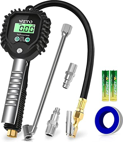 WZTO Digital Reifendruckprüfer und reifenfüller, Geeicht luftdruckprüfer 255 PSI Hohe Präzision Reifendruckmessgerät mit LCD-Bildschirm für alle Fahrzeuge LKW Motorrad (US&EU Standard Anschluss)