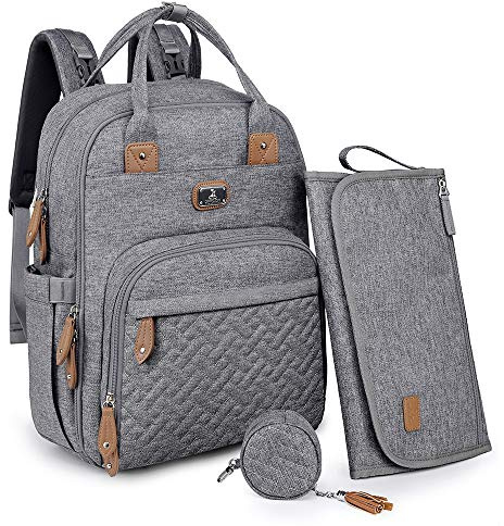 Dikaslon Wickeltasche Rucksack – Großer Wickelrucksack mit viel Stauraum, Wickeltasche groß mit Schnullerhalter, Wickelauflage & Kinderwagengurten – für Mama & Papa (Grau, Einheitsgröße)