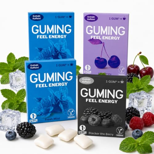 GUMING 40x Energy Kaugummi mit 60mg Koffein/Gum, Guarana, Vitamin C & B6, Vegan, zuckerfrei (40 Stück, 4 Packungen a 10 Gums: Minze, Kirsche, Beere)