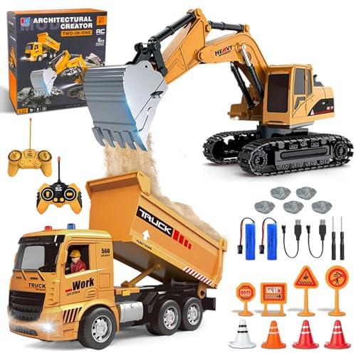 Fernbedienung Bagger und Muldenkipper Spielzeug Set - RC Baufahrzeuge mit Straßenschildern, Barrieren, simulierten Steinen, Lichtern und Geräuschen, Geburtstagsgeschenk für Kinder 6-12 Jahre Jungen Mä