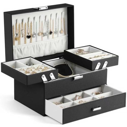 Dajasan Schmuckkästchen, Schmuckaufbewahrung, 3 Ebenen PU-Leder Schmuckschatulle mit 1 Schubladen, Groß Schmuckbox für Schminktisch, Modern, Geschenk für Frauen & Mädchen (Schwarz)