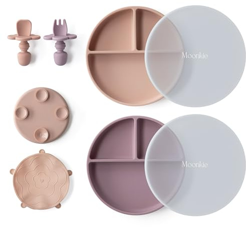 Moonkie 2pc Silikon Kinderteller mit Deckel, Baby teller mit Saugnapf, BPA-freie Rutschfest Geteilte Geschirr Set mit Gabeln und Löffel, Mikrowellen und Spülmaschinenfest(Blush/Pale Mauve)