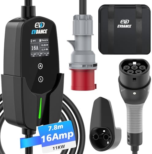 EVDANCE Mobile Wallbox 11kW [7.8m 3-Phasig 6-16A] Typ 2 Ladekabel CEE 16A auf Typ 2 mit Einstellbarer Ladeleistung für Elektroauto
