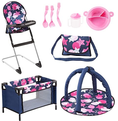 Bayer Design 61769AB Puppen Set 9 in 1 mit Reisebett, Tasche, Spielbogen, Hochstuhl, Plastik Geschirr, Puppenzubehör, blau, pink, sterne