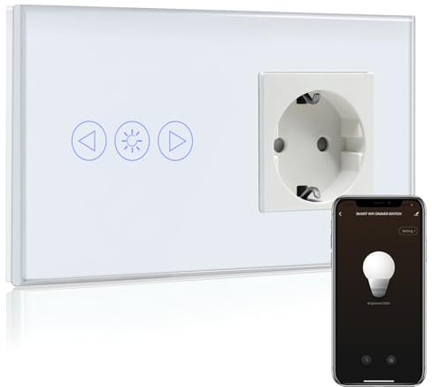 BSEED Normal Steckdose mit Smart Alexa Dimmer Lichtschalter Kompatibel mit Alexa,Google Home, Glas Touchscreen-schalter,Lichtschalter 1 Fach 1 Weg 16Amp Steckdose Weiß (Neutrale Leitung benötigt)