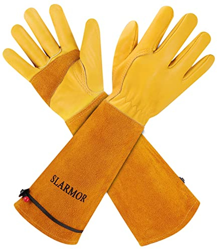 SLARMOR Gartenhandschuhe aus Leder für Damen und Herren - Dornensicher zum Beschneiden von Rosen, mit Unterarmschutz, Lange Rindsleder Arbeitshandschuhe für Garten und Haushaltsaufgaben