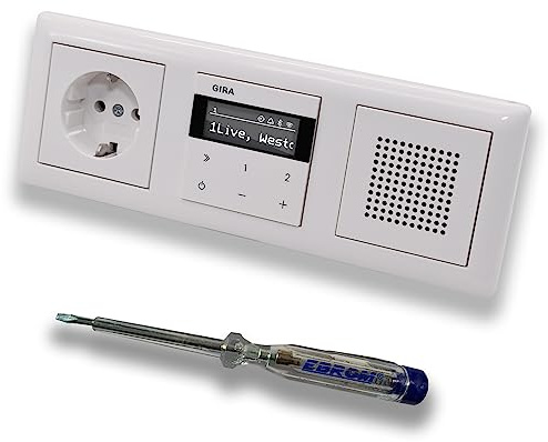 Gira Unterputz IP Internetradio 232003 + Bluetooth KomplettSet + Lautsprecher + Steckdose - System 55 - reinweiß glänzend im 3fach Rahmen Gira 021303 inkl. EBROM Phasenprüfer zur Montage der Geräte