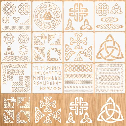 Neikafan 12 Stück Keltische Knoten Schablonen Airbrush Keltische Ornamente | 20x20cm Zeichenschablone Keltischer Symbole für Scrapbooking Kunsthandwerk Zeichnung DIY Möbel Heimdekoration