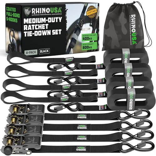 Rhino USA Spanngurte mit Ratsche (4er-Set) 2,5cm x 4,6m - 800kg Zurrgurte | 800kg Bruchfestigkeit. Zurrgurte mit Ratsche & S-Haken, Schlaufen. Gurte für Materialtransport, Umzug & Möbel. Schwarz