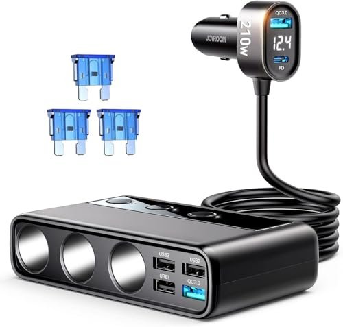 JOYROOM 210W Zigarettenanzünder Verteiler【9 IN 1】 3 Fach Auto Steckdose | Auto Adapter Kfz Ladegerät, PD 45W Schnellladeanschluss, 12V/24V Splitter mit 5 USB Anschlüsse für iPhone 17/Samsung S26