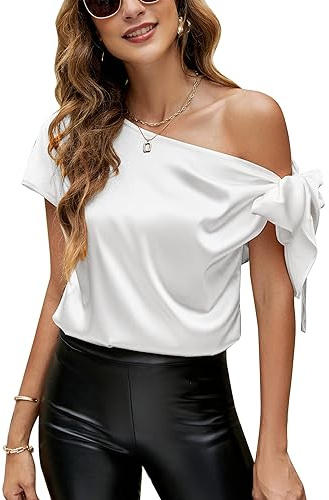 VIDUSSA Damen Bluse Elegant Sommer Schulterfrei Kurzarm Lässige Tops Seidig Satin Shirts