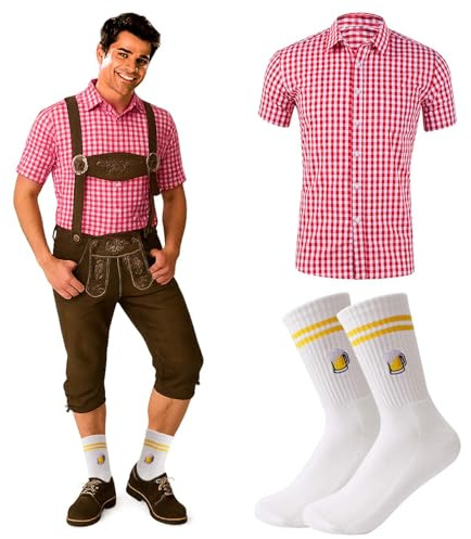Oktoberfest Herren Outfit Set, Trachtenhemd Herren Kurzarm, Oktoberfest Hemd, Trachtenhemd Kariertes Freizeithemd Karohemd Bier Socken Bestickte Tennissocken Lustige Socken (red, L)