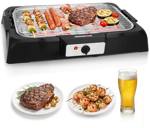 Aigostar Rauchfreier Tischgrill Barbecue Elektrogrill Elektrischer BBQ Grill 2000 Watt Antihaftbeschichtete 984 cm² Grillfläche, Abnehmbarer Fettauffangschale, Thermostat, Schwarz