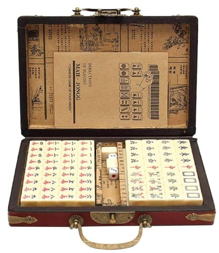 144 Mahjong Fliesen, Antique Mahjong Anzug Mahjong Set Reise Tragbares chinesisches Mah Jong antikes Familienspiel Töte langweilige Zeit für Erwachsene, lustige kleine Spiele