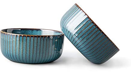 Müslischalen Groß aus Porzellan, 1000ml Bowl Schüssel 2er Set Suppenschüsseln Keramik Schalen Ramen Schüssel Retro Geschirr Blau Serie(15.5CM)